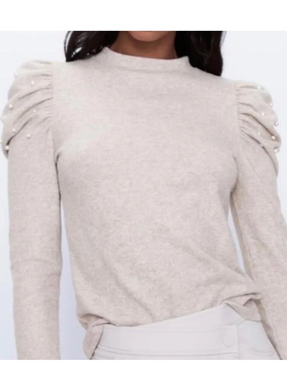 Zara cream sweater with puffed sleeves and pearl detailing M